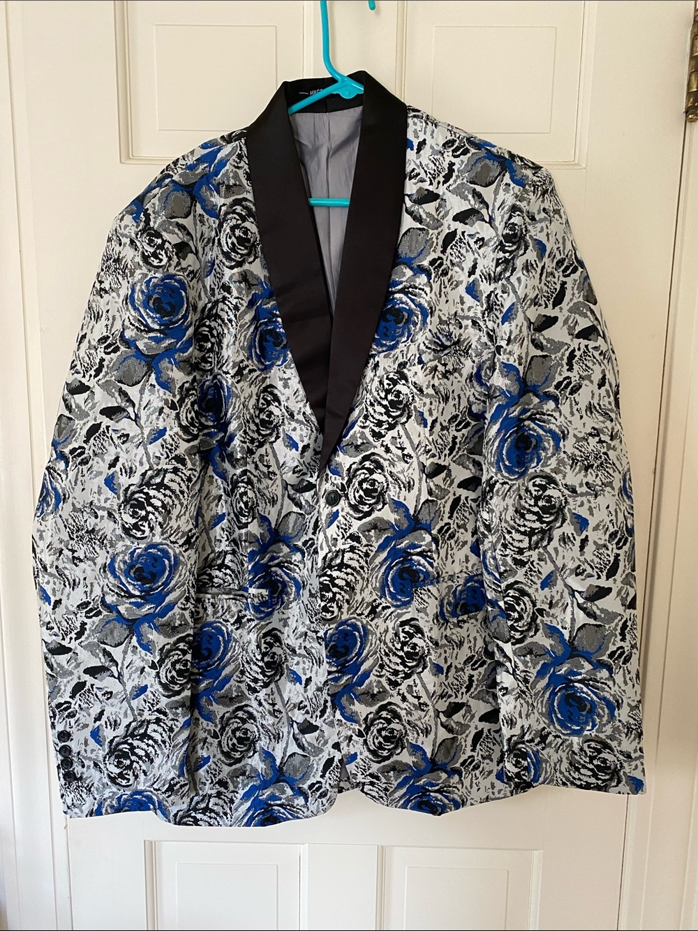 Blue & Black Floral Shawl Collar Blazer - Men's Formal Jacket